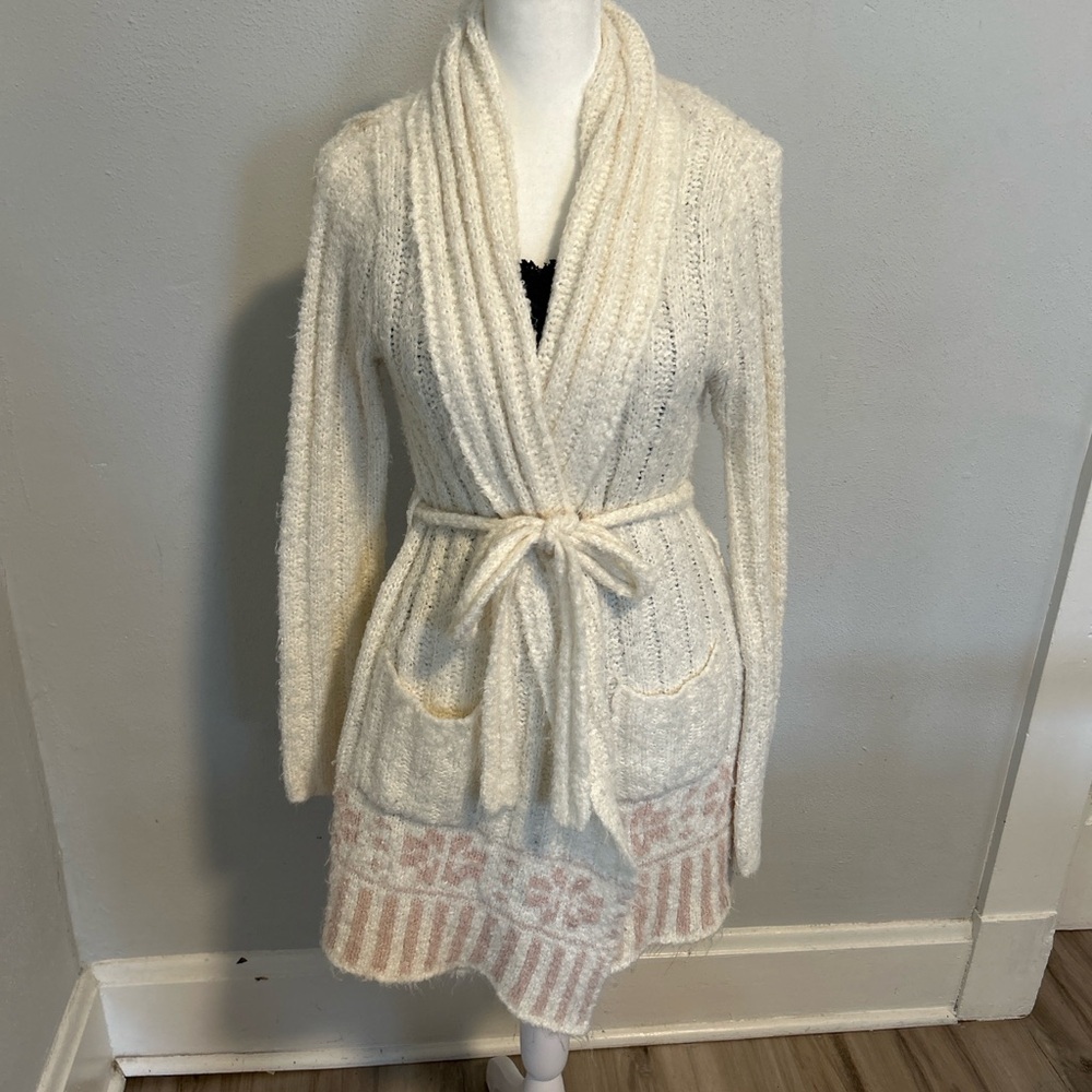 Lemon Cream Knit Cardigan with Pink Accents
